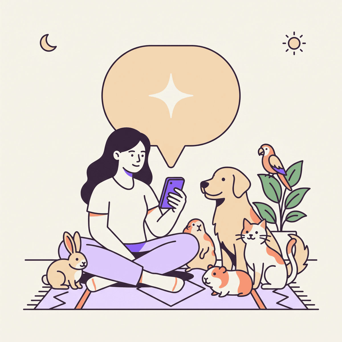 Illustration of a pet owner receiving instant AI veterinary guidance, surrounded by a dog, cat, rabbit, bird and guinea pig