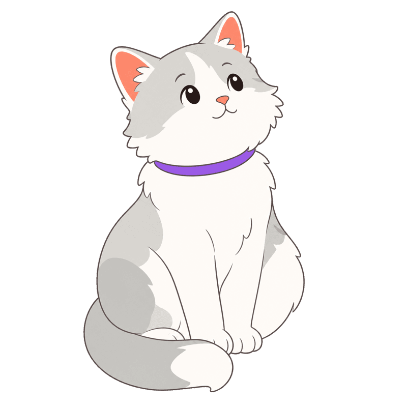 Illustration of a calm cat with a purple Karamel collar
