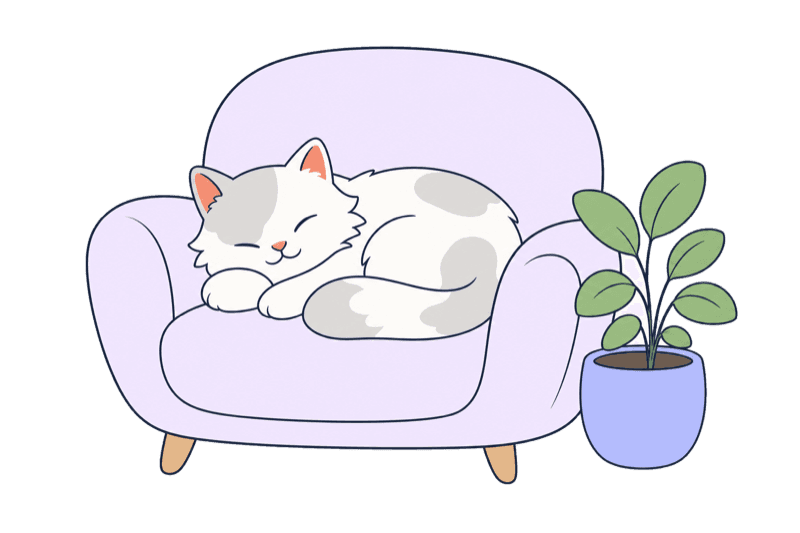 Illustration of a cat sleeping peacefully on a lavender armchair next to a plant