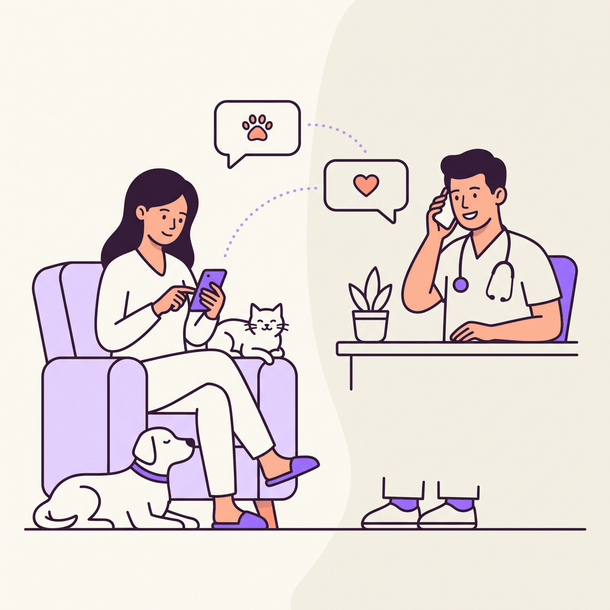 Illustration of a pet owner at home messaging with a licensed veterinarian