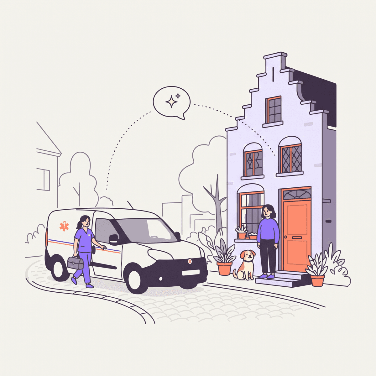 Illustration of a VetEmergency veterinarian arriving at a pet owner's home after a Karamel tele-advice conversation