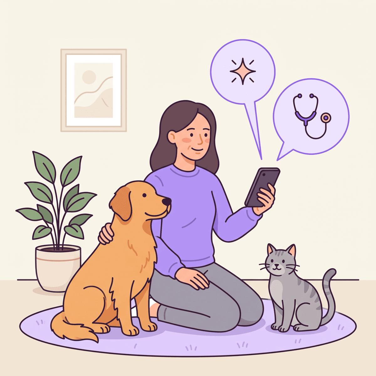 Illustration of a pet owner receiving veterinary guidance on their phone, with their dog and cat at home